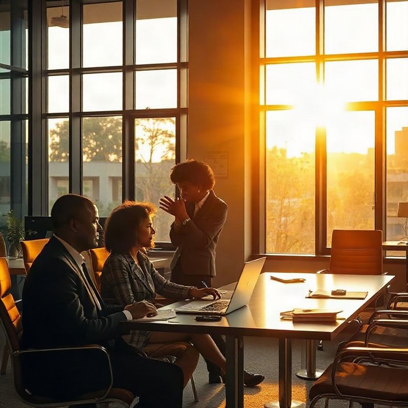 Small professional team in a modern Thika office, warm golden light through large windows