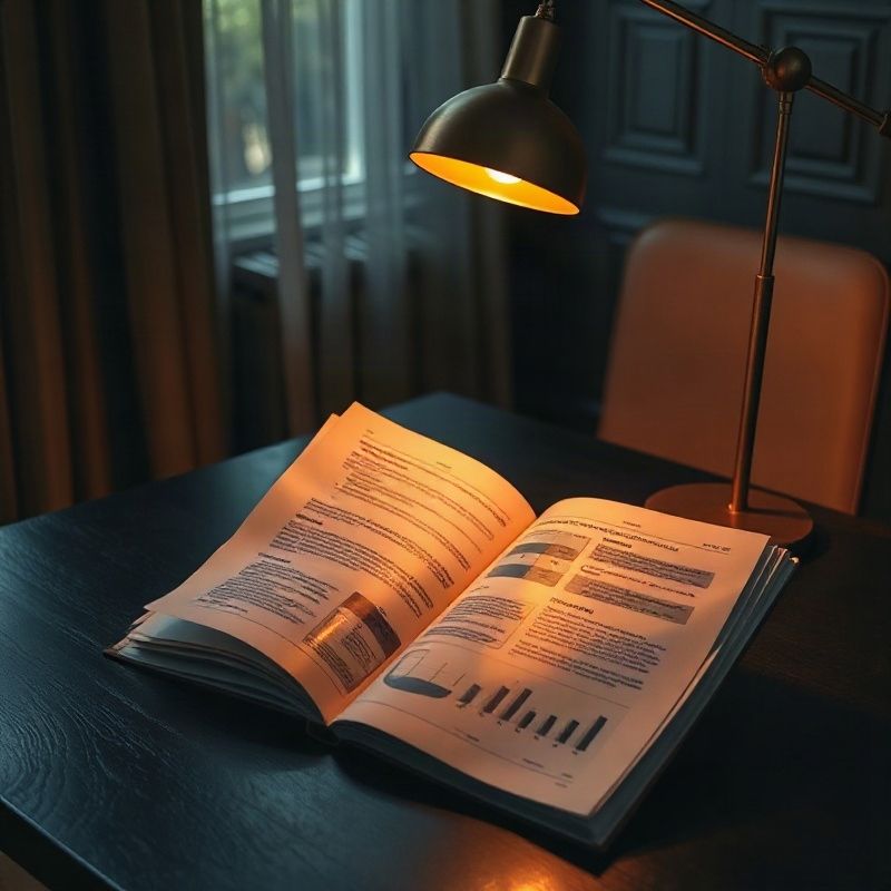 Open legal analysis report under a warm gold desk lamp