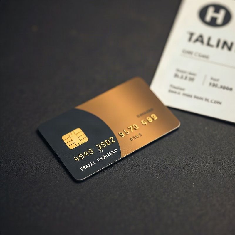 Polished charcoal and gold credit card with official documents on a dark slate surface