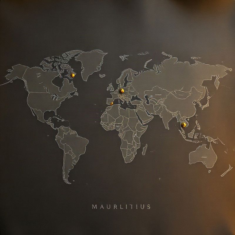World map on charcoal paper with gold pin markers on Mauritius, BVI, UAE, and Seychelles