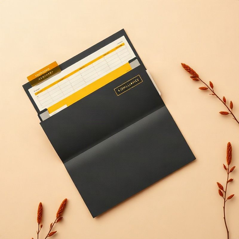Flat lay of a compliance calendar and tabbed folder dividers in charcoal and gold