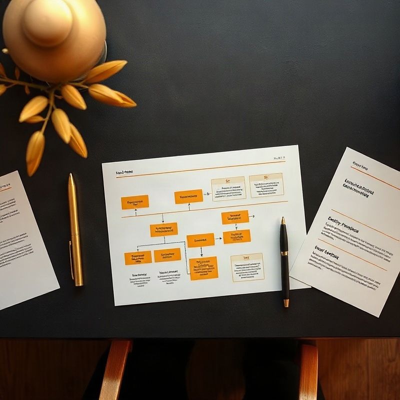 Overhead view of entity flow diagrams and structured documents on a charcoal desk