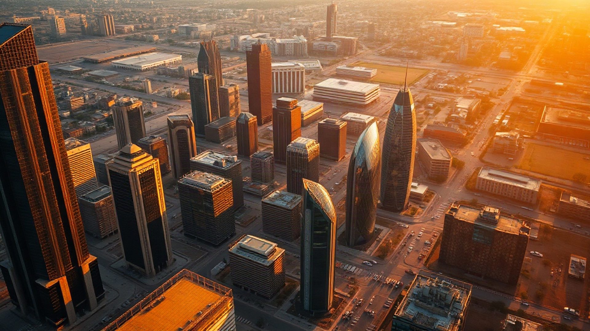 Aerial view of interconnected global financial districts at golden hour